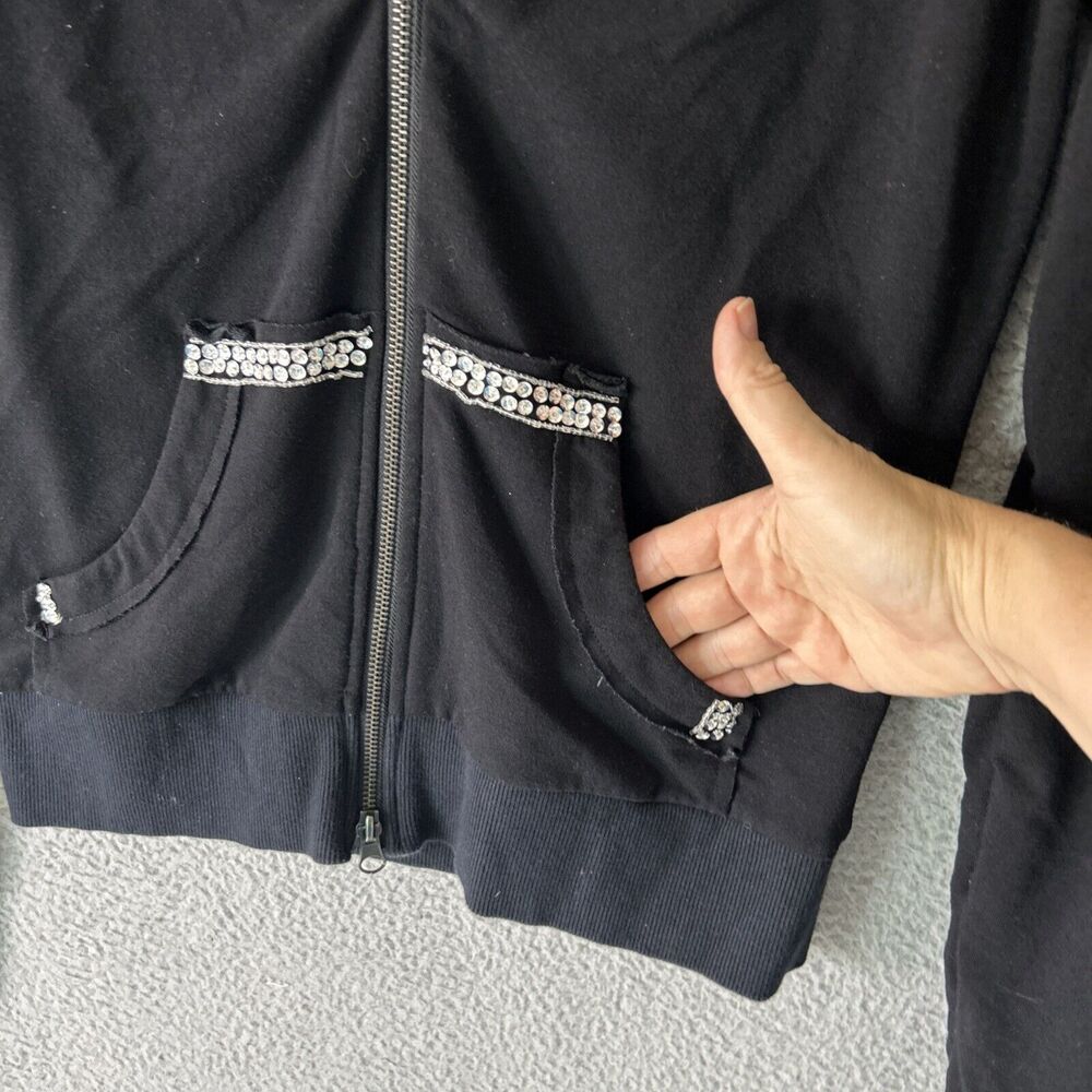 BOSTON PROPER Y2K Bling Hoodie Womens Small Black Fleur De Lis Rhinestone Jacket - Picture 4 of 11